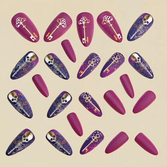 Halloween false nail patch Skull key pattern nail nail patch detachable 24pcs purple