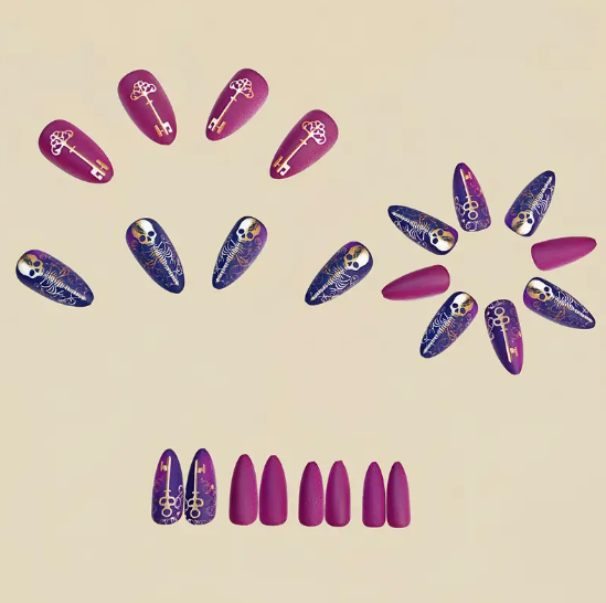 Halloween false nail patch Skull key pattern nail nail patch detachable 24pcs purple