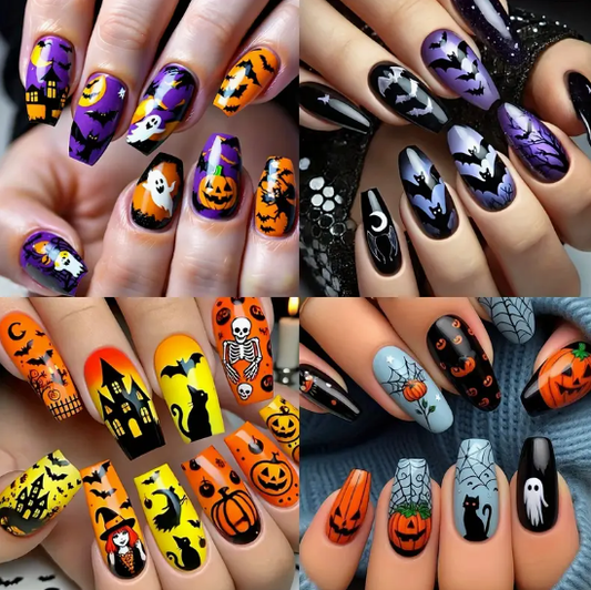 96pcs Medium Ballet Style Halloween Nail Set with Mixed Colors, Bat, Spider, and Pumpkin Lantern Print Design