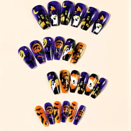 96pcs Medium Ballet Style Halloween Nail Set with Mixed Colors, Bat, Spider, and Pumpkin Lantern Print Design