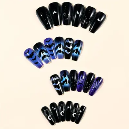 96pcs Medium Ballet Style Halloween Nail Set with Mixed Colors, Bat, Spider, and Pumpkin Lantern Print Design