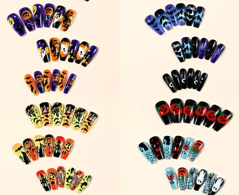 96pcs Medium Ballet Style Halloween Nail Set with Mixed Colors, Bat, Spider, and Pumpkin Lantern Print Design