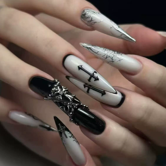 Long almond manicure black and white Gothic style diamond-encrusted armor