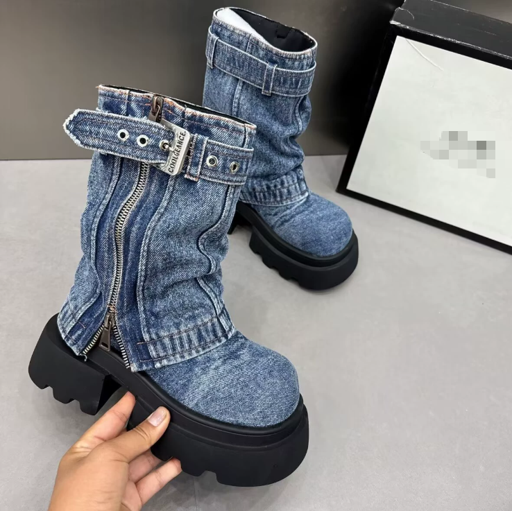 New belt buckle wrinkled boots fake two trouser legs boots