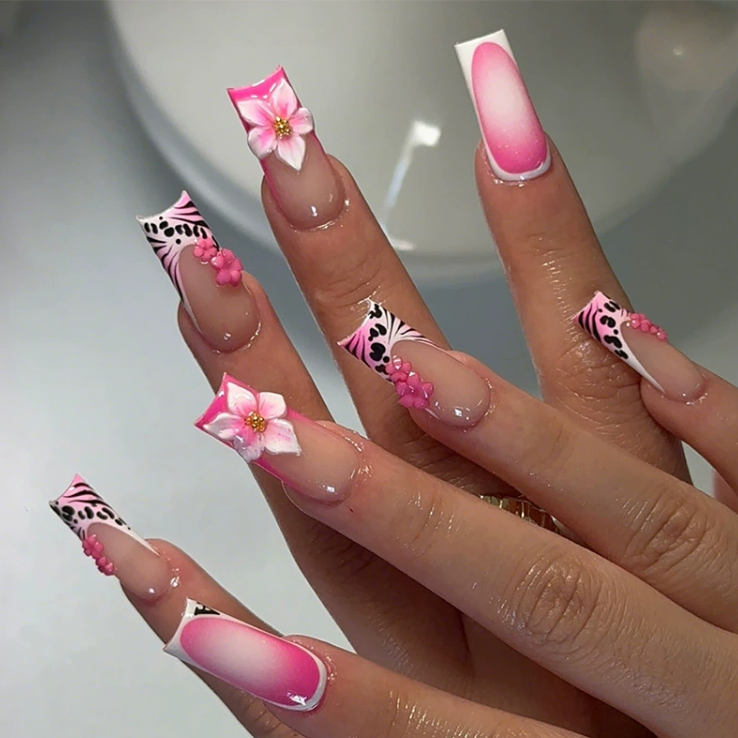Pink leopard- print press-on nails