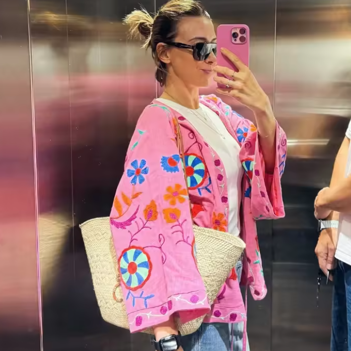 Fans embroidered cotton and linen new autumn ladies street print coat
